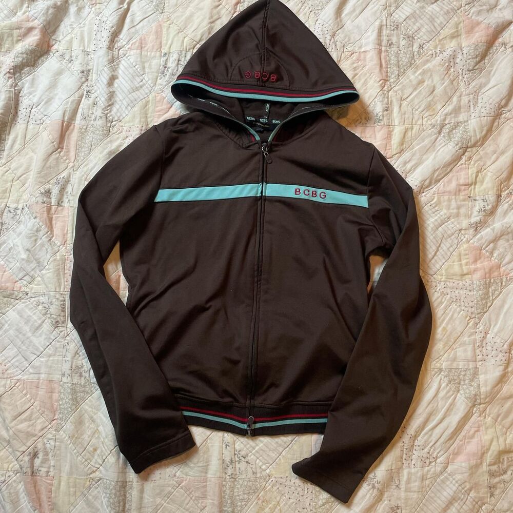 bcbg brown and teal vintage y2k double top and bottom zip track jacket large
